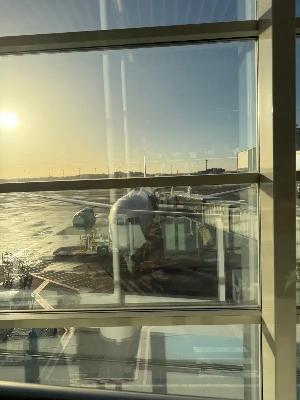 The Etihad Boeing 787-9 at the gate at Brussels Airport, seen from the terminal at sunrise