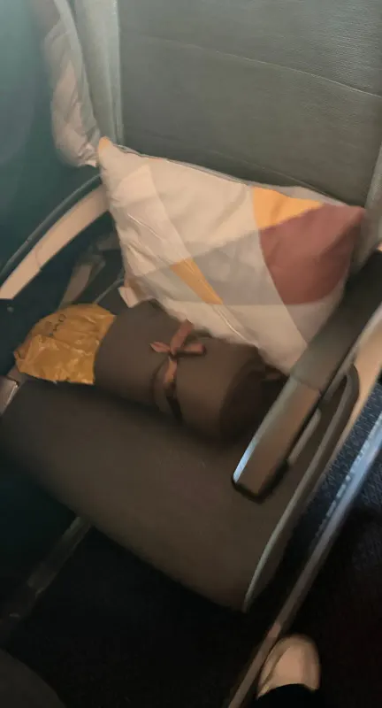 Etihad Boeing 787-9 economy seat with a pillow and a blanket